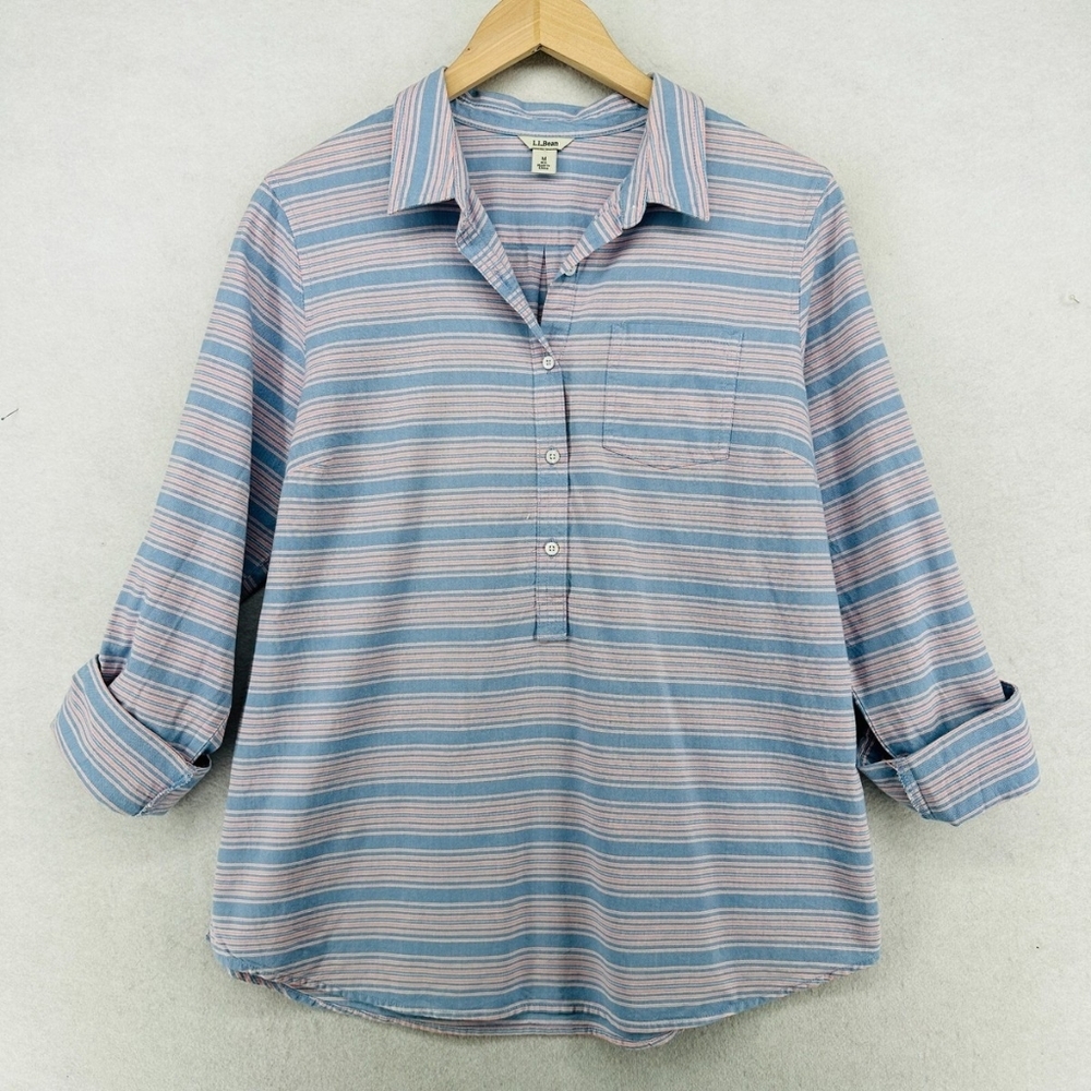 LL BEAN Blouse Top Womens XL Popover Roll Tab Long Sleeve Striped Blue